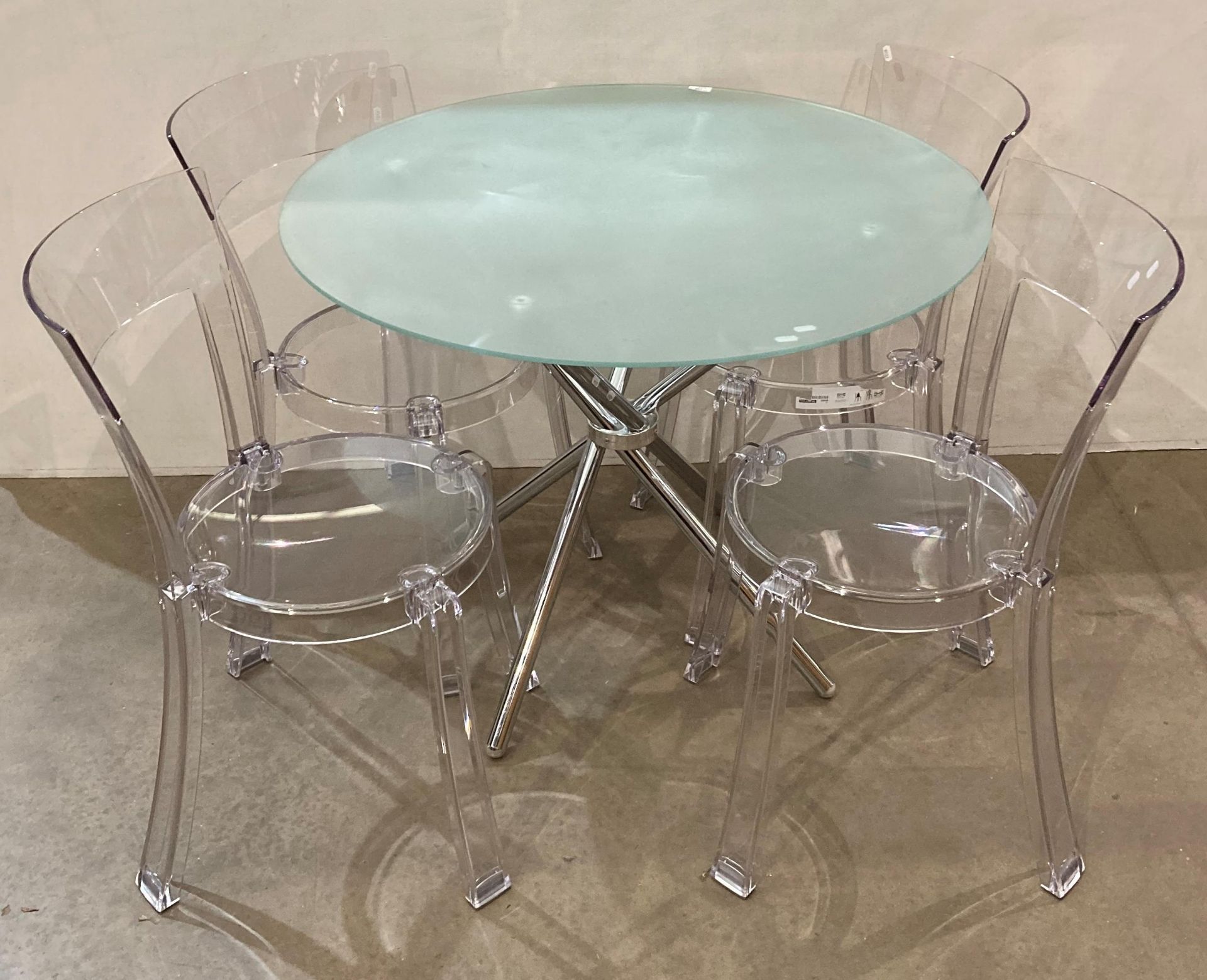 Circular frosted glass dining table on base (97cm diameter) and set of four Ikea Stein transparent
