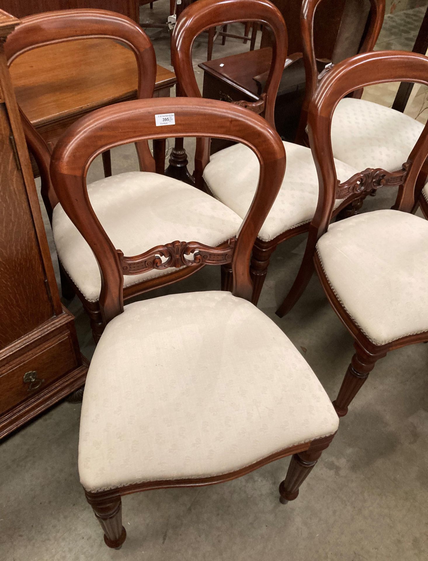 A set of six mahogany balloon back dining chairs with beige upholstered seats, - Image 2 of 3