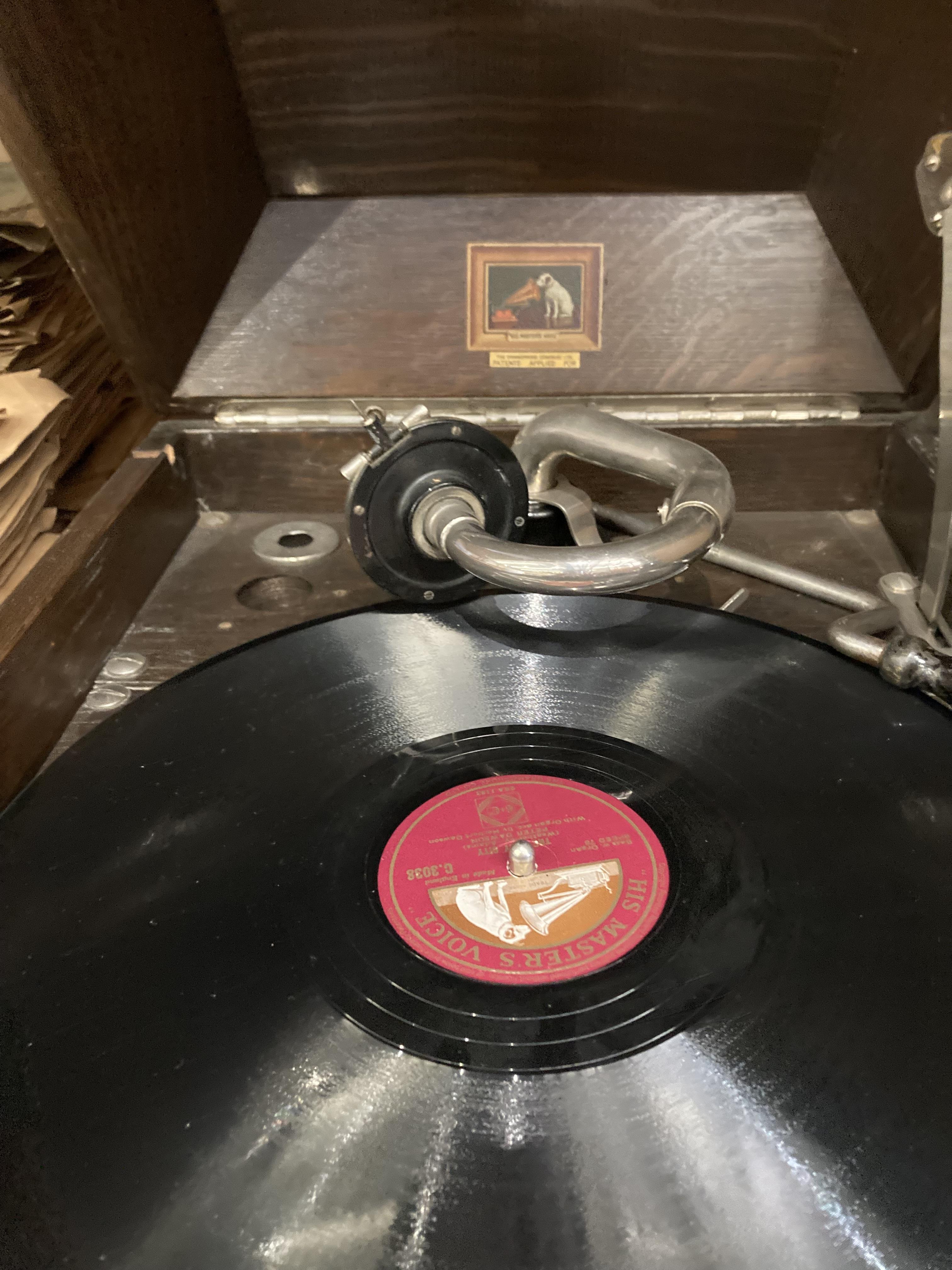 A His Masters Voice table top gramophone in oak case and two large stacks of 78rpm records - Image 2 of 6