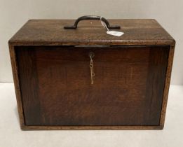 A vintage oak engineer's/machinist wooden tool box with three long and two short internal drawers