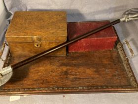 Three items - a metal wood-finish cash box, a shooting stick and a mahogany serving tray,