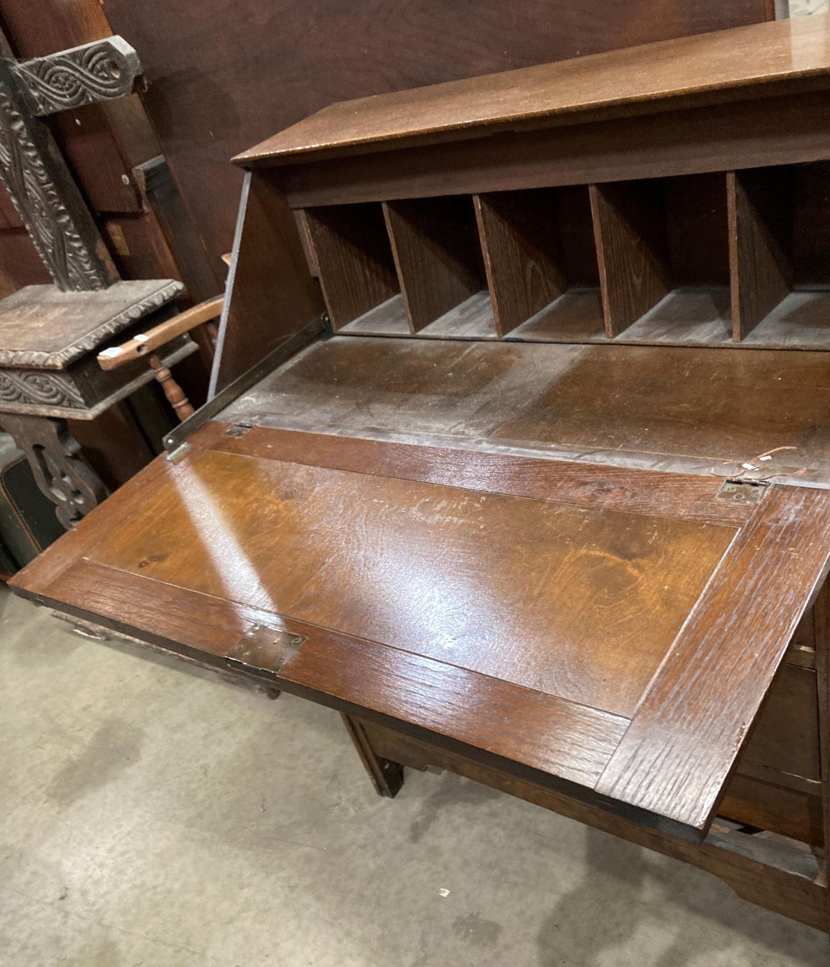 An oak bureau with fall-flap over three drawers, - Image 2 of 2