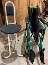 Two items - a green metal-framed folding wheel-chair and a white metal-framed folding chair
