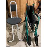 Two items - a green metal-framed folding wheel-chair and a white metal-framed folding chair