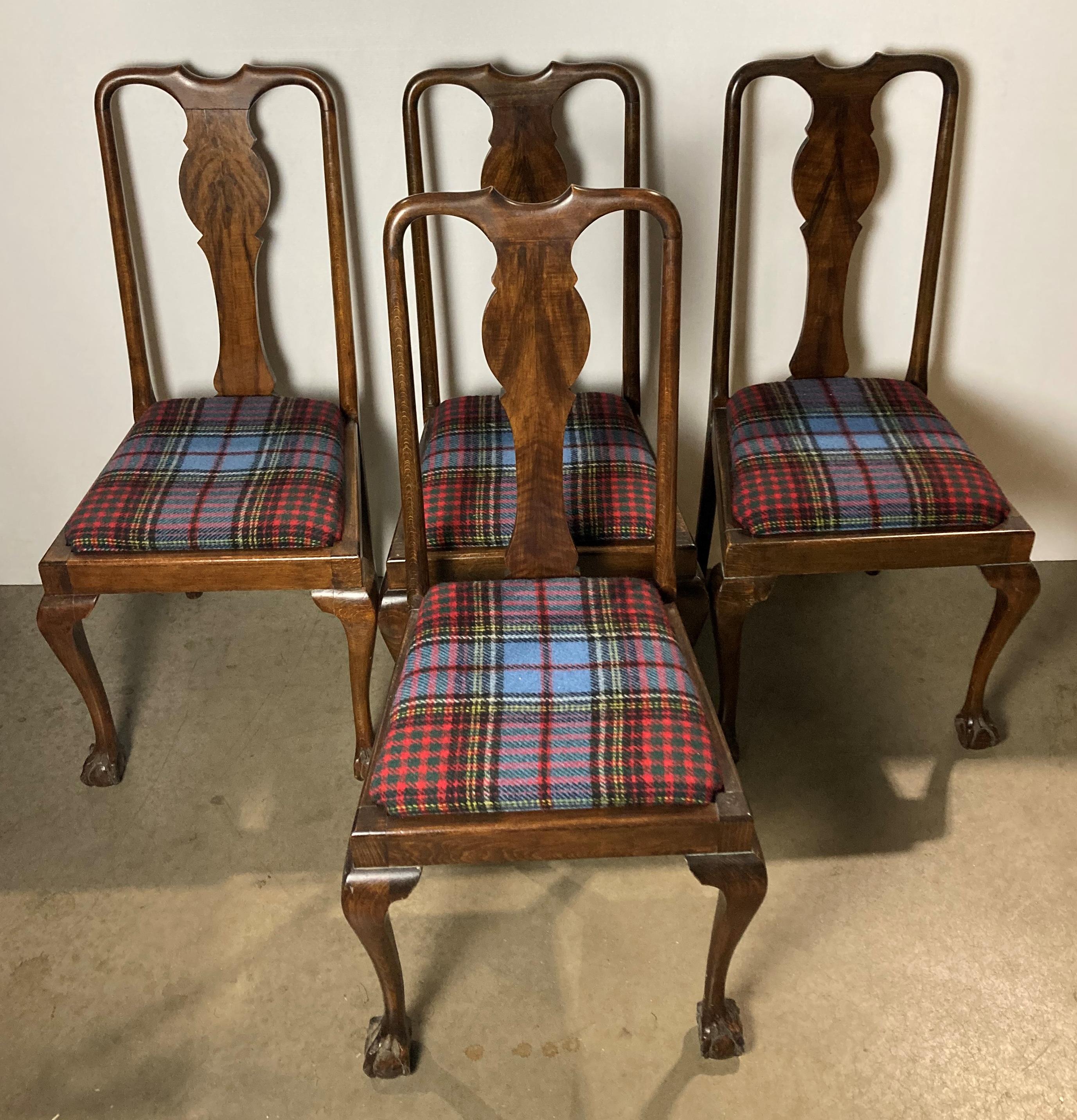 Set of four mahogany dining chairs on claw and ball feet with tartan-style fabric (re-upholstered)