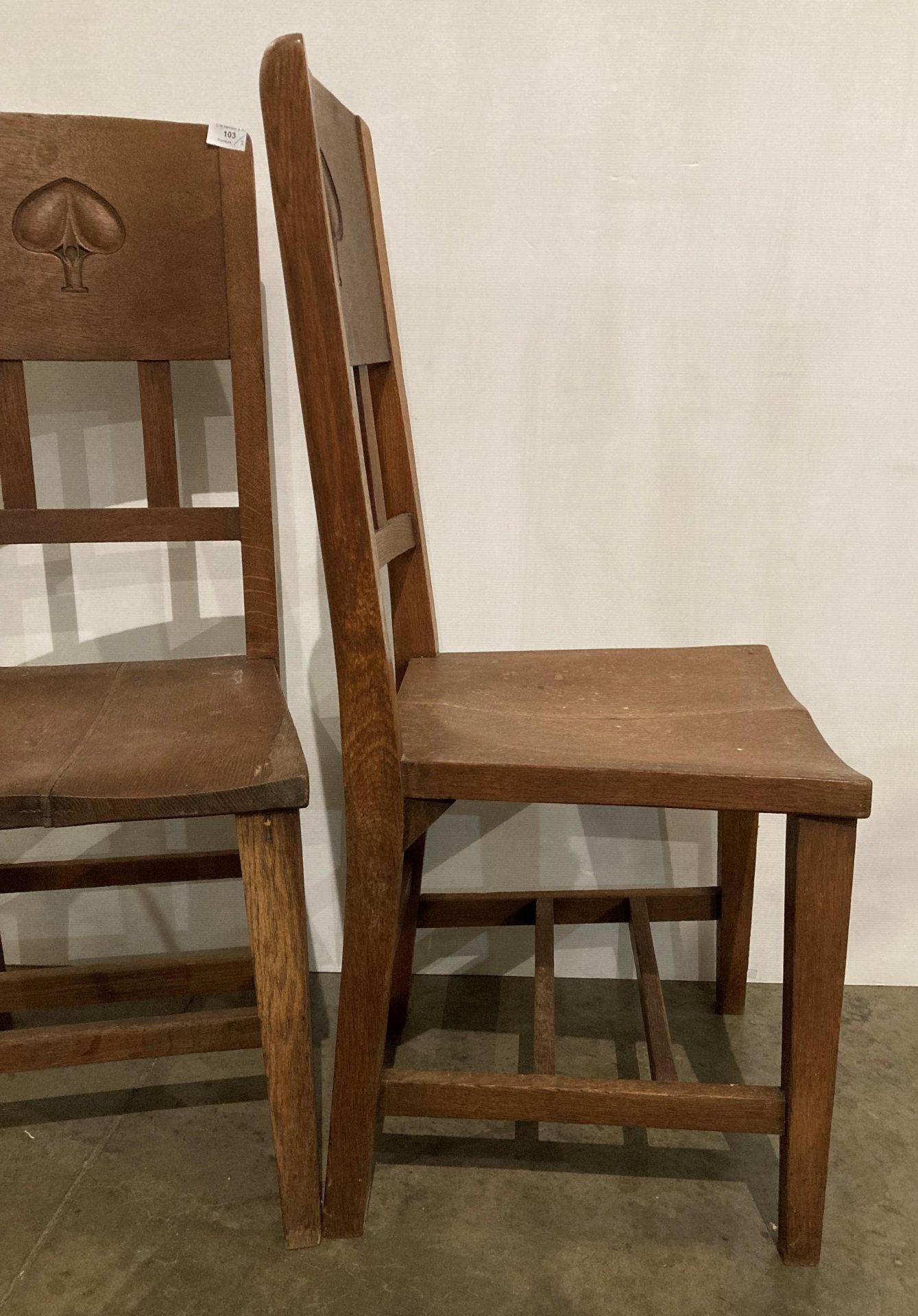 A pair of Arts & Crafts oak chairs designed by William James Neatby (1860-1910) with hand-carved - Image 5 of 5