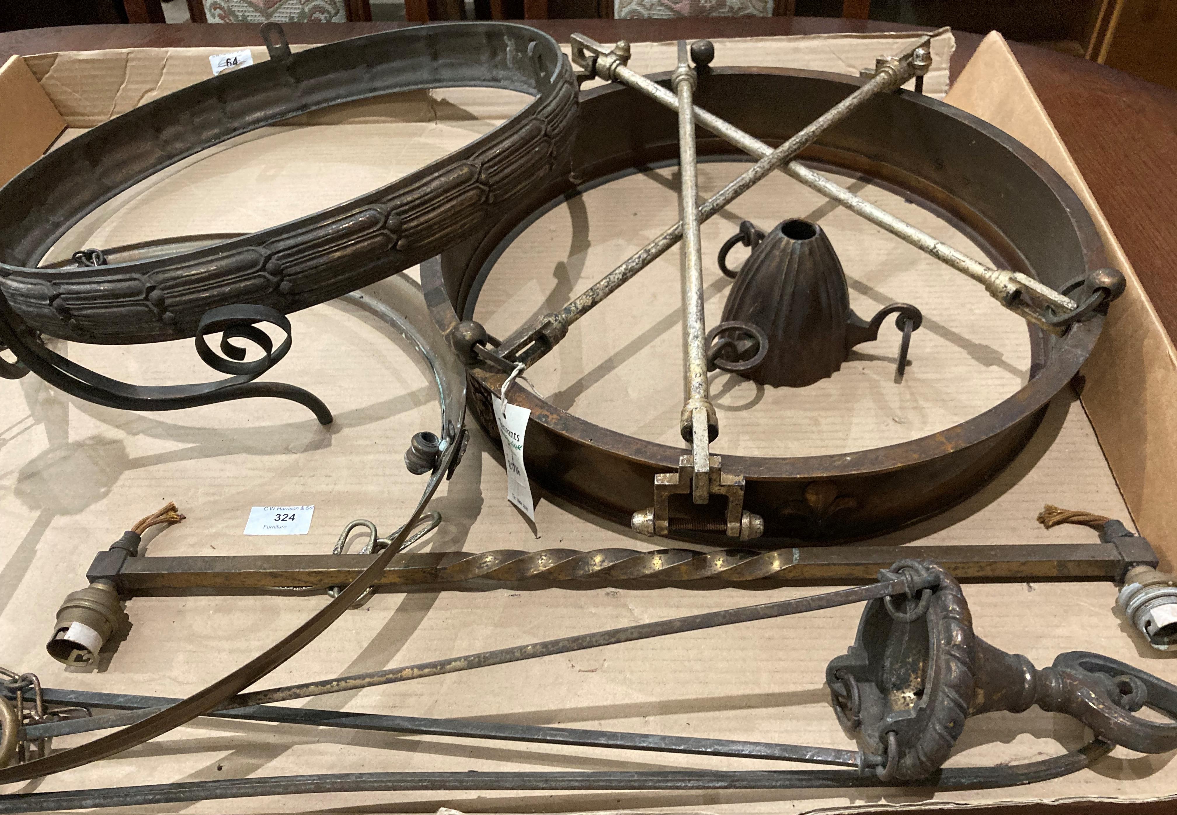 Contents to tray - an early 20th Century copper circular ceiling light fitting (44cm diameter) with - Image 6 of 6