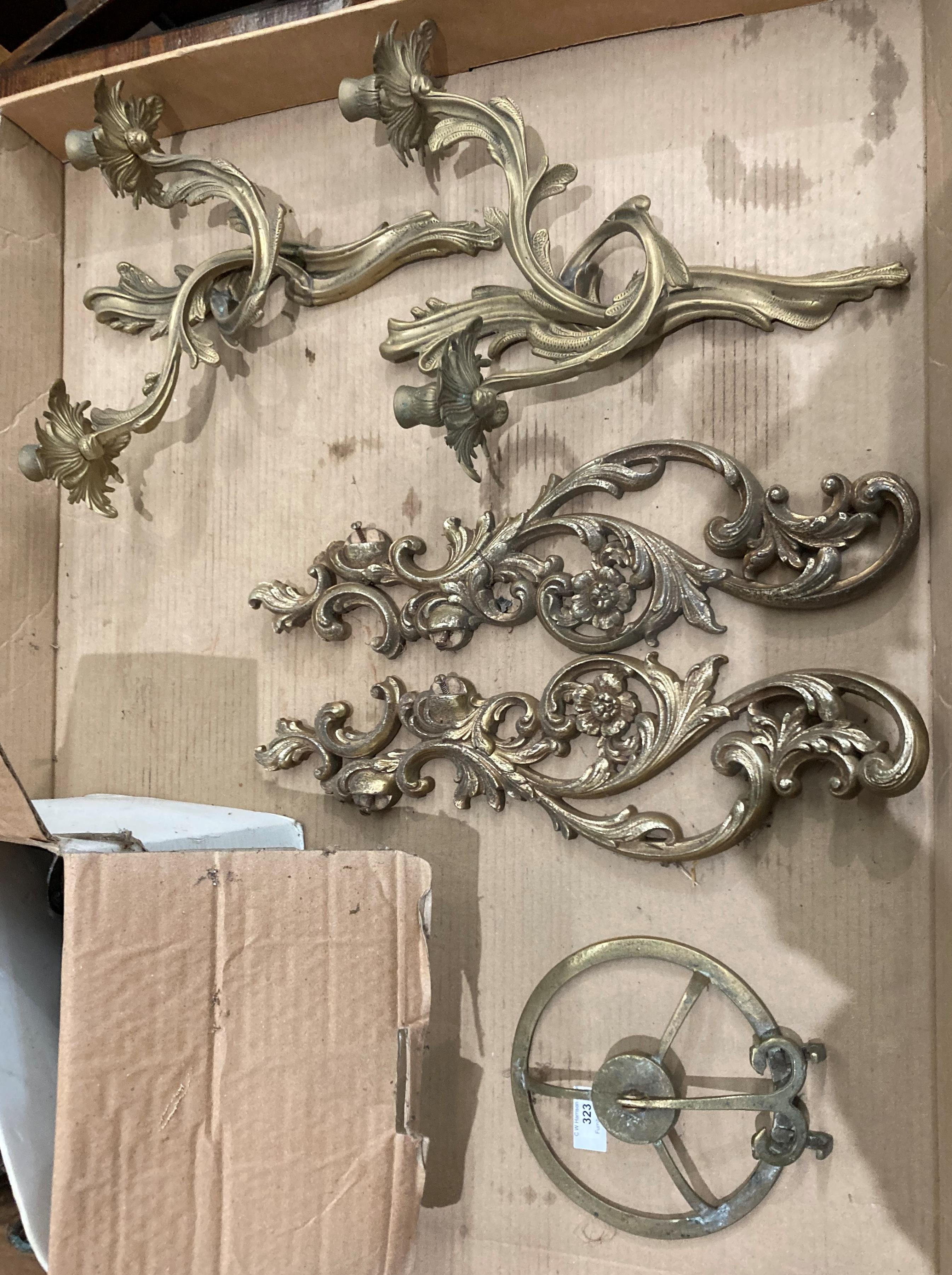 Contents to tray - two gilt metal double wall light fittings (each 35cm long),