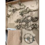 Contents to tray - two gilt metal double wall light fittings (each 35cm long),