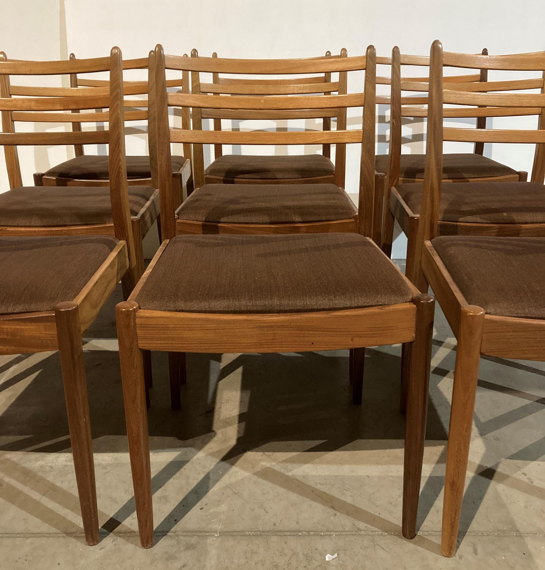 Set of nine Mid Century teak G-Plan dining chairs by VB Wilkins with brown fabric seats (saleroom - Image 5 of 6
