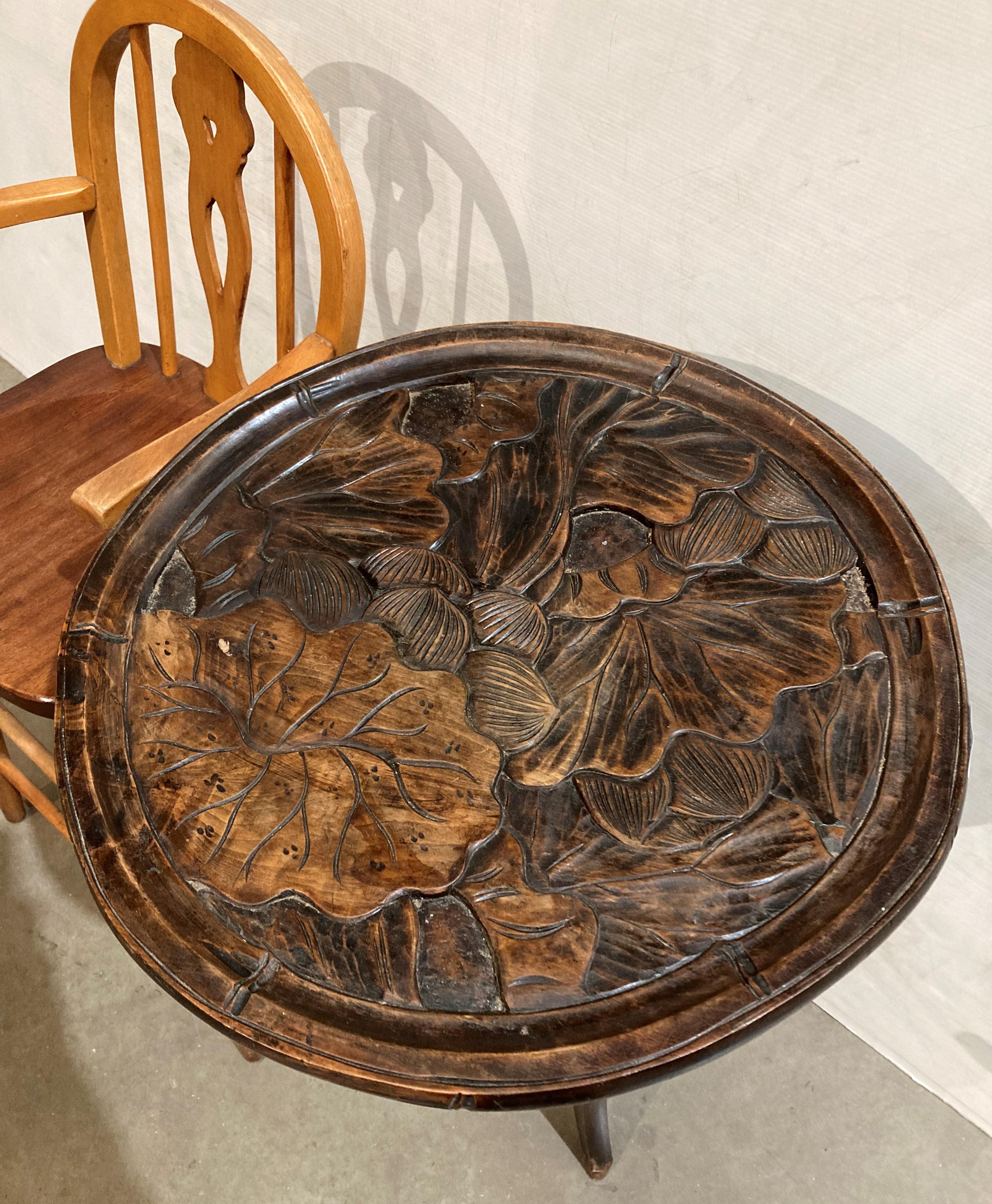 Oriental-style dark wood side table with hand-carved floral design (45cm diameter x 72cm high) and - Image 2 of 4