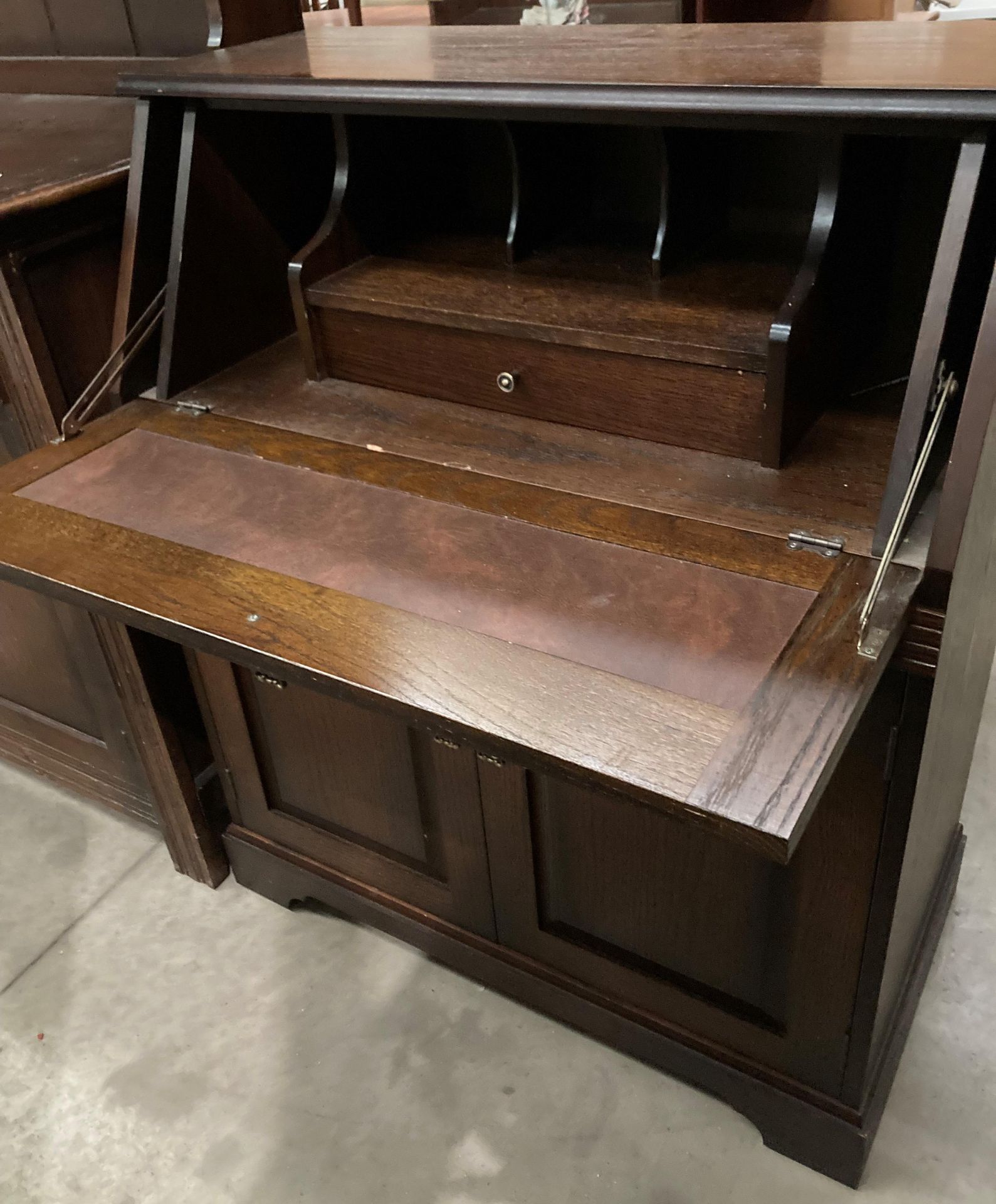 An oak bureau with fall-flap over two-door base, - Image 2 of 3