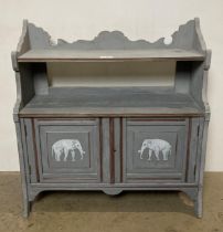 Grey-painted wooden two-shelf two-door small bookcase unit with hand-painted elephants,