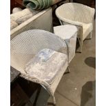 2 x white painted Lloyd loom armchairs with matching laundry basket/stand (saleroom location: MA1)