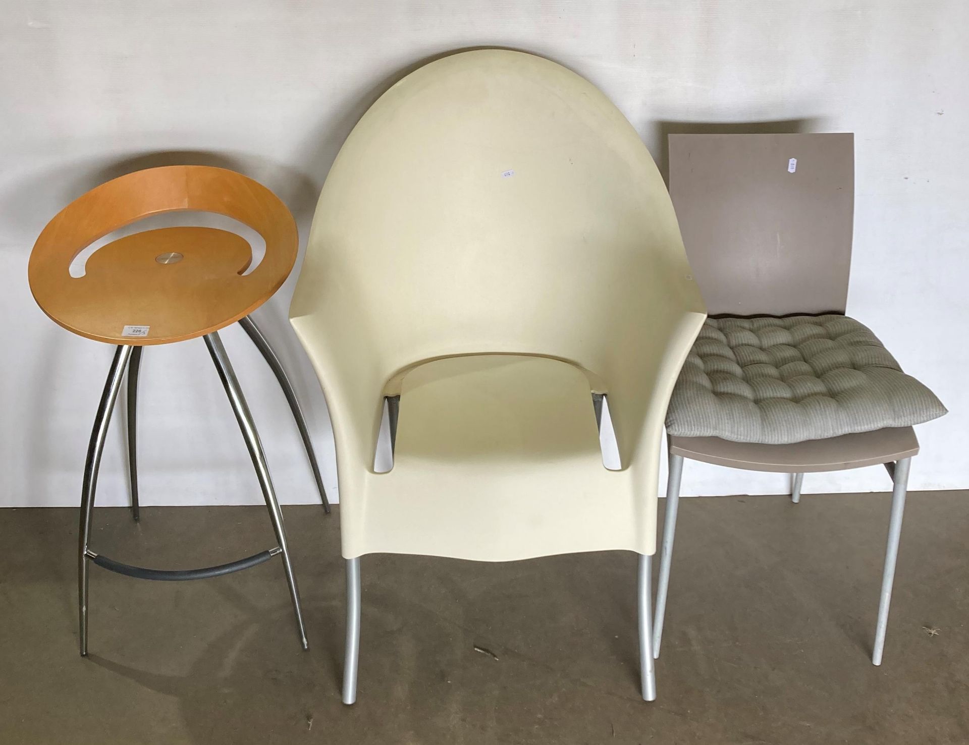Three assorted designer chairs including chrome framed and wooden seat by Lyra Magis Italia,