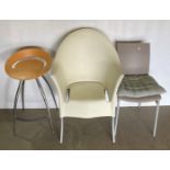 Three assorted designer chairs including chrome framed and wooden seat by Lyra Magis Italia,