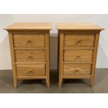 Two Willis & Gambier oak three drawer bedside cabinet,