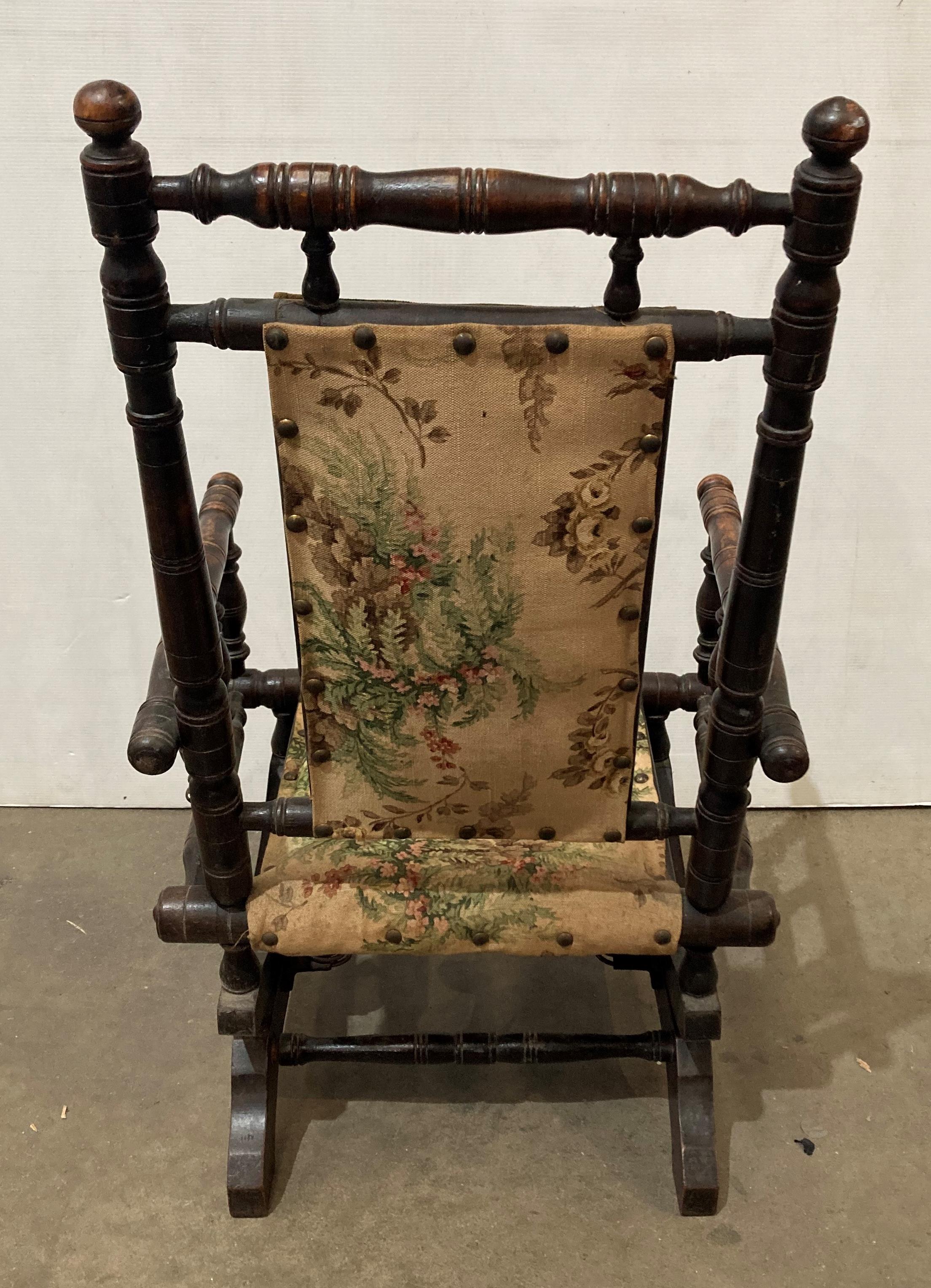 A vintage mahogany children's rocking chair with floral fabric and turned supports, - Image 3 of 4