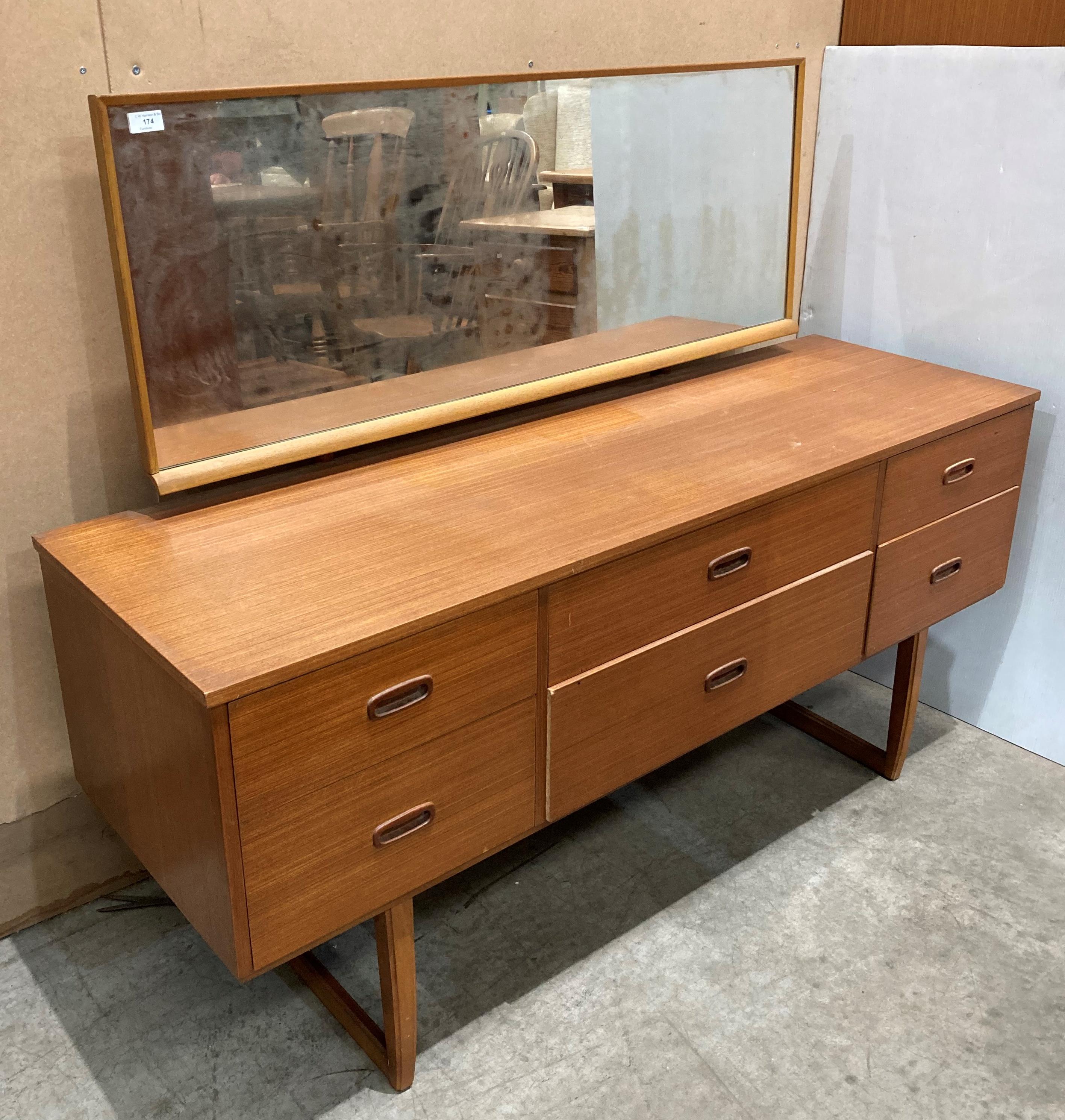 Mid-Century teak six-drawer mirrored-back dressing table - possibly by Schreiber,