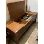 A teak finish Marconi Phone radiogram with deck and multi-band radio (failed PAT test),