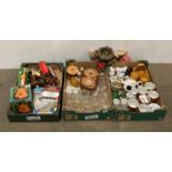 Contents to three trays assorted glassware, part tea services, table lamps,