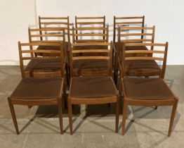 Set of nine Mid Century teak G-Plan dining chairs by VB Wilkins with brown fabric seats (saleroom