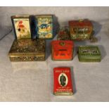 Six small metal advertising tins including Royal Carriage W&R Jacob & Co Ltd,