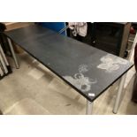 Rectangular metal work table 180cm x 60cm x 70cm high and black metal and glass three door office