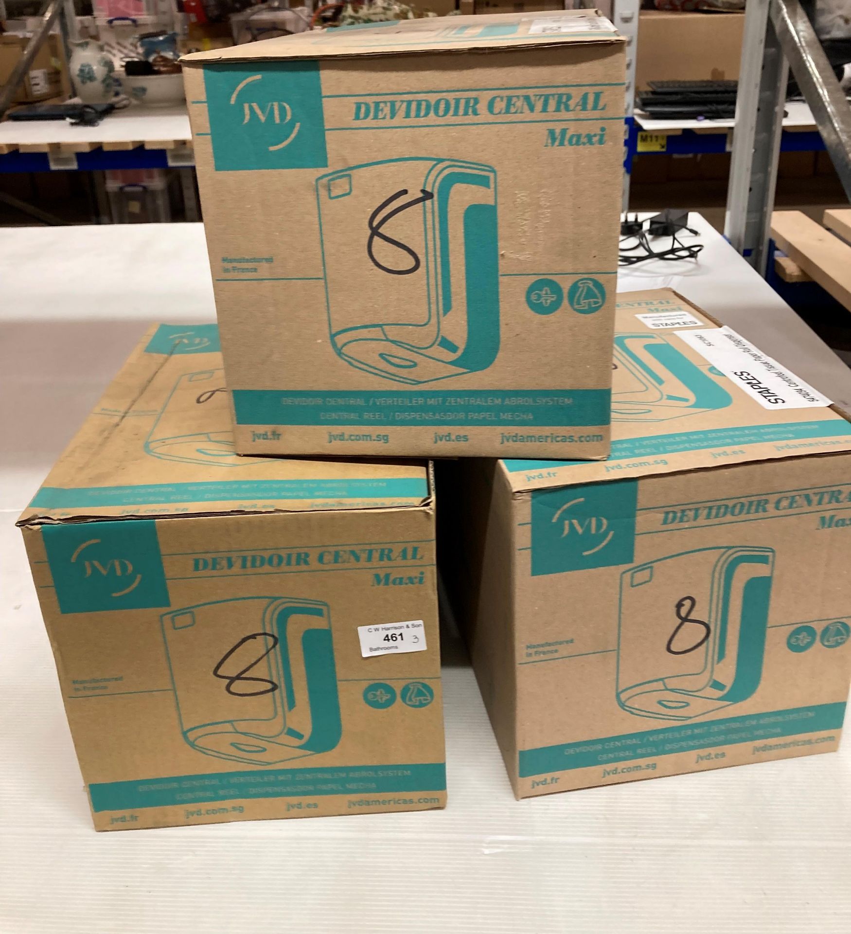 3 x Staples centerfeed blue roll tissue paper maxi dispensers (saleroom location: J12)