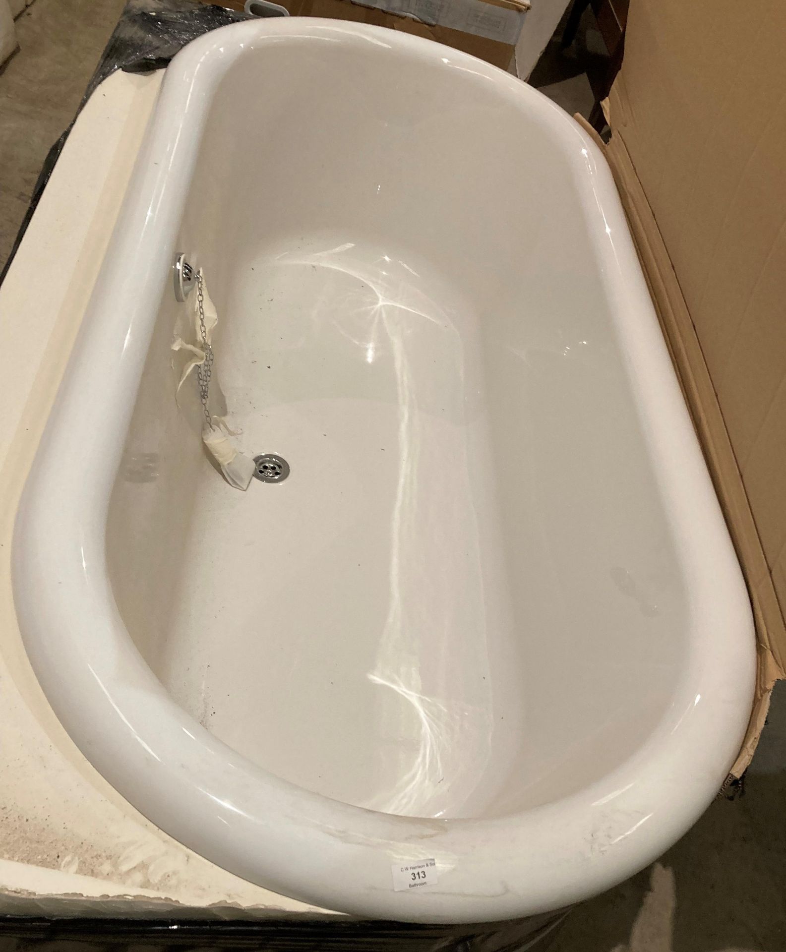 White fibreglass double end bath complete with chrome outlet and overflow (ex-display - approx