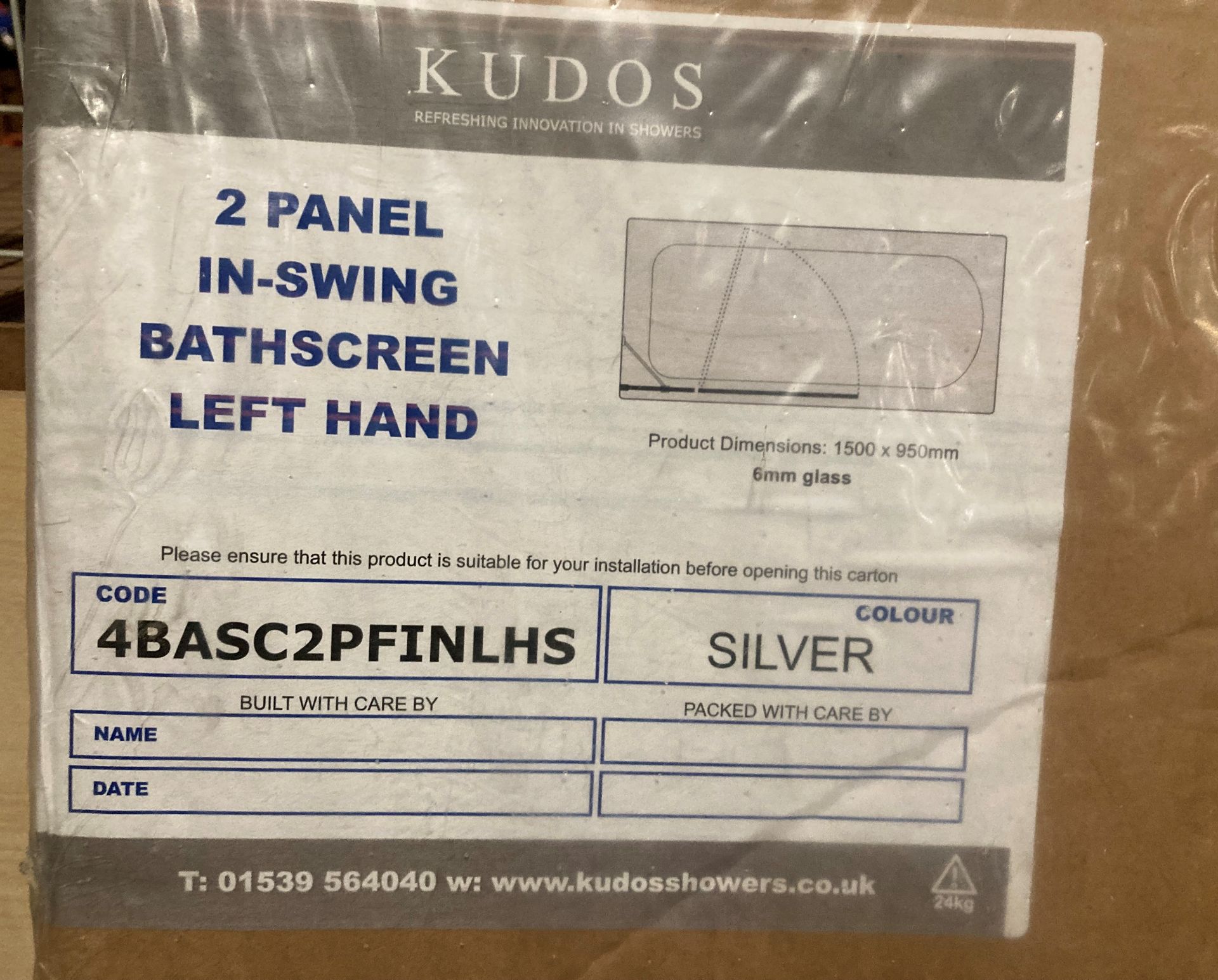Kudos 2 panel in-swing bath screen left hand in silver 1500mm x 950mm with 6mm glass - new boxed - Image 2 of 2