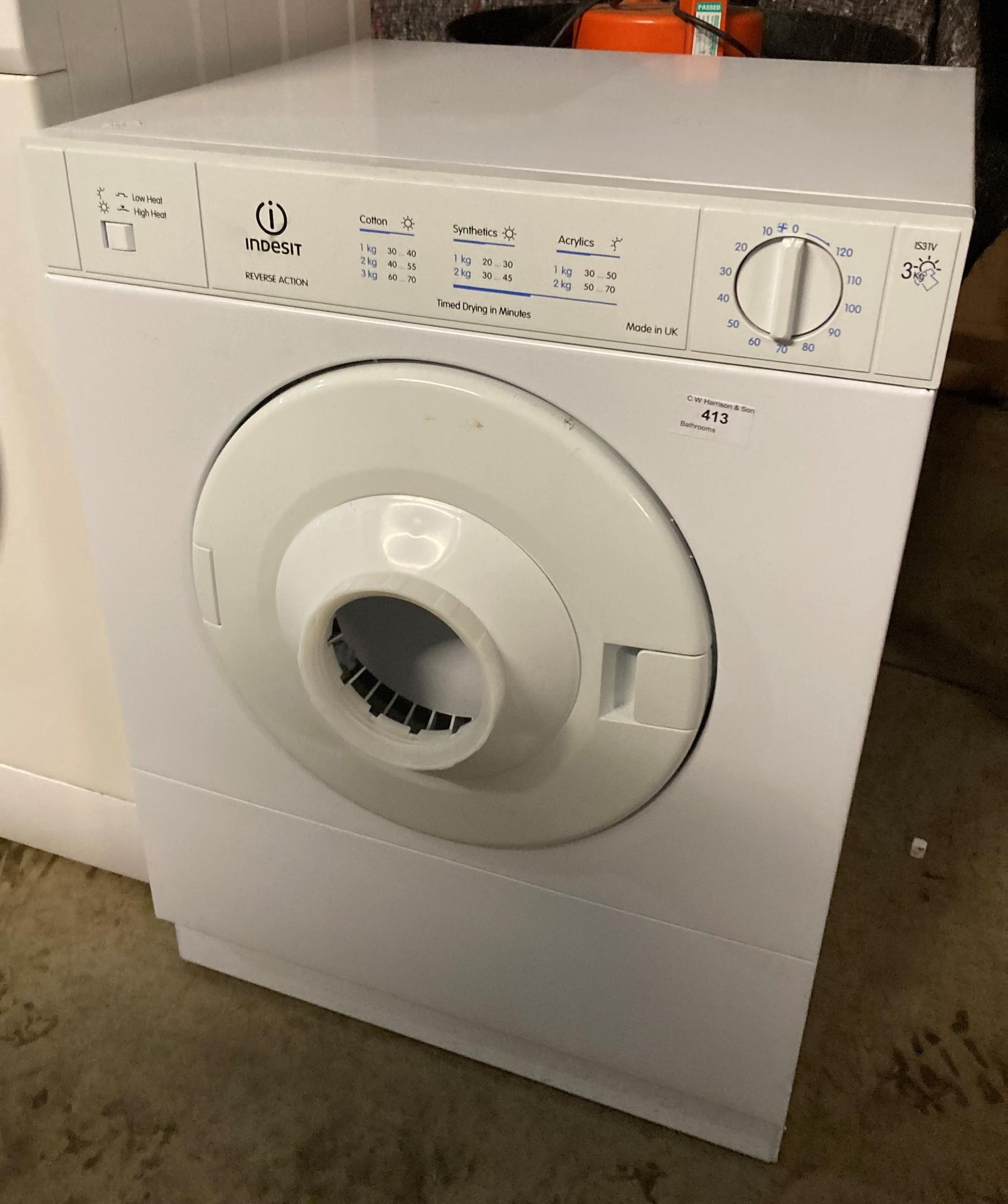 Indesit reverse action 3kg tumble dryer (saleroom location: PO)