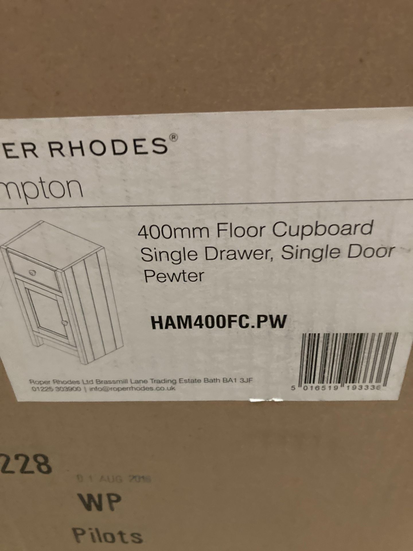 Roper Rhodes Hampton 400mm floor cupboard single drawer single door in Pewter (new boxed) (saleroom