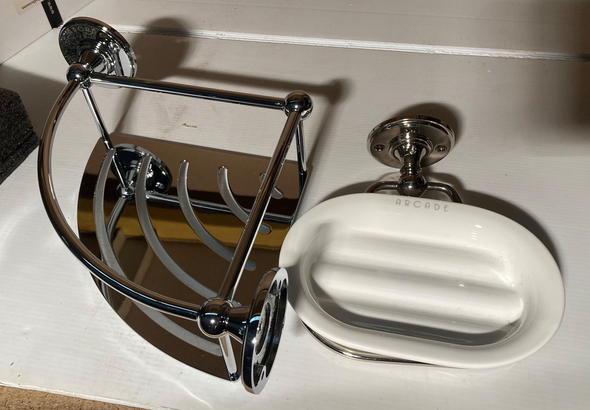 Arcade wall-mounted corner basket in chrome and a ceramic soap dish with chrome mount both new and