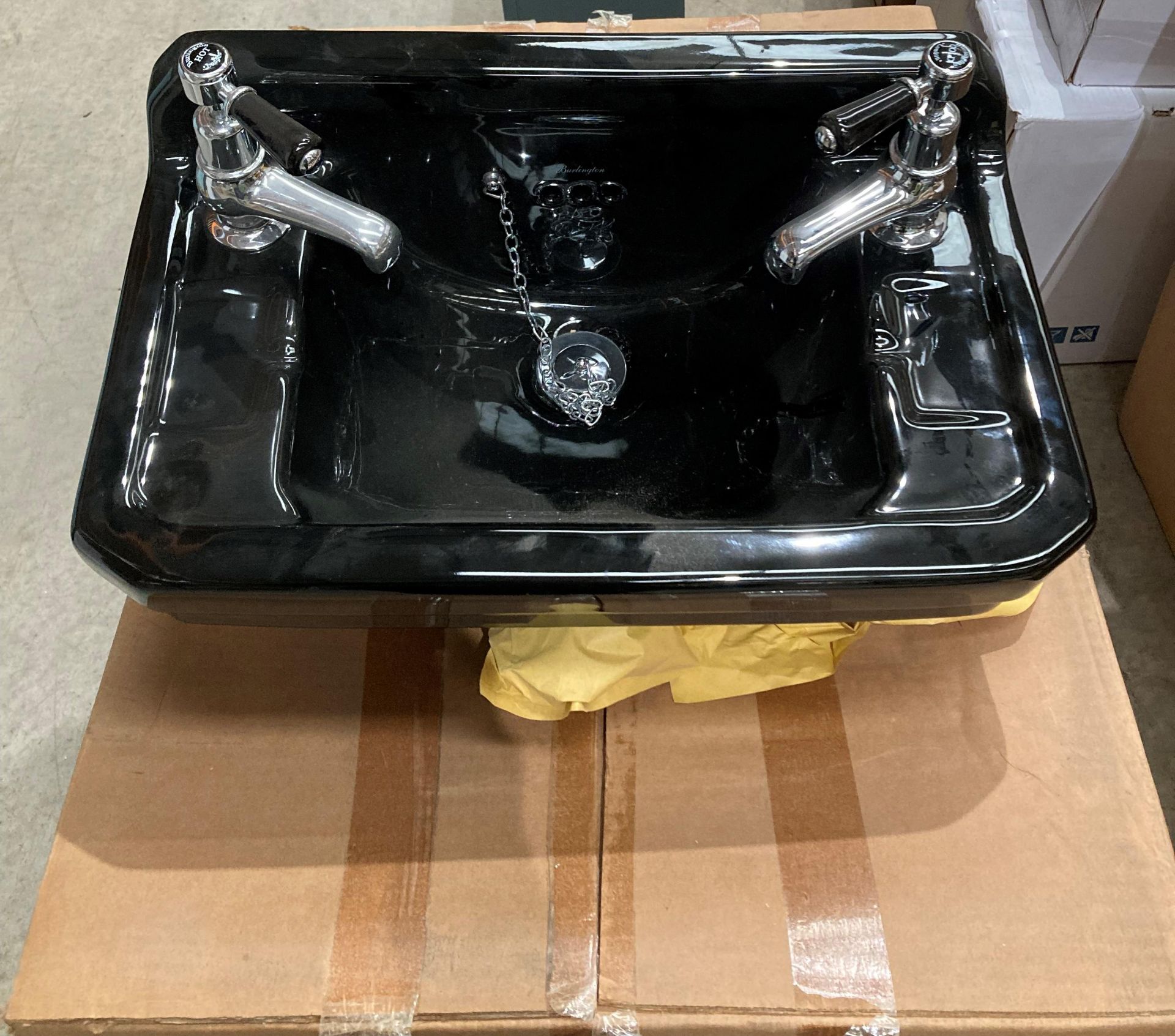 Burlington black ceramic hand wash basin 50cm x 32cm complete with taps and plug (saleroom