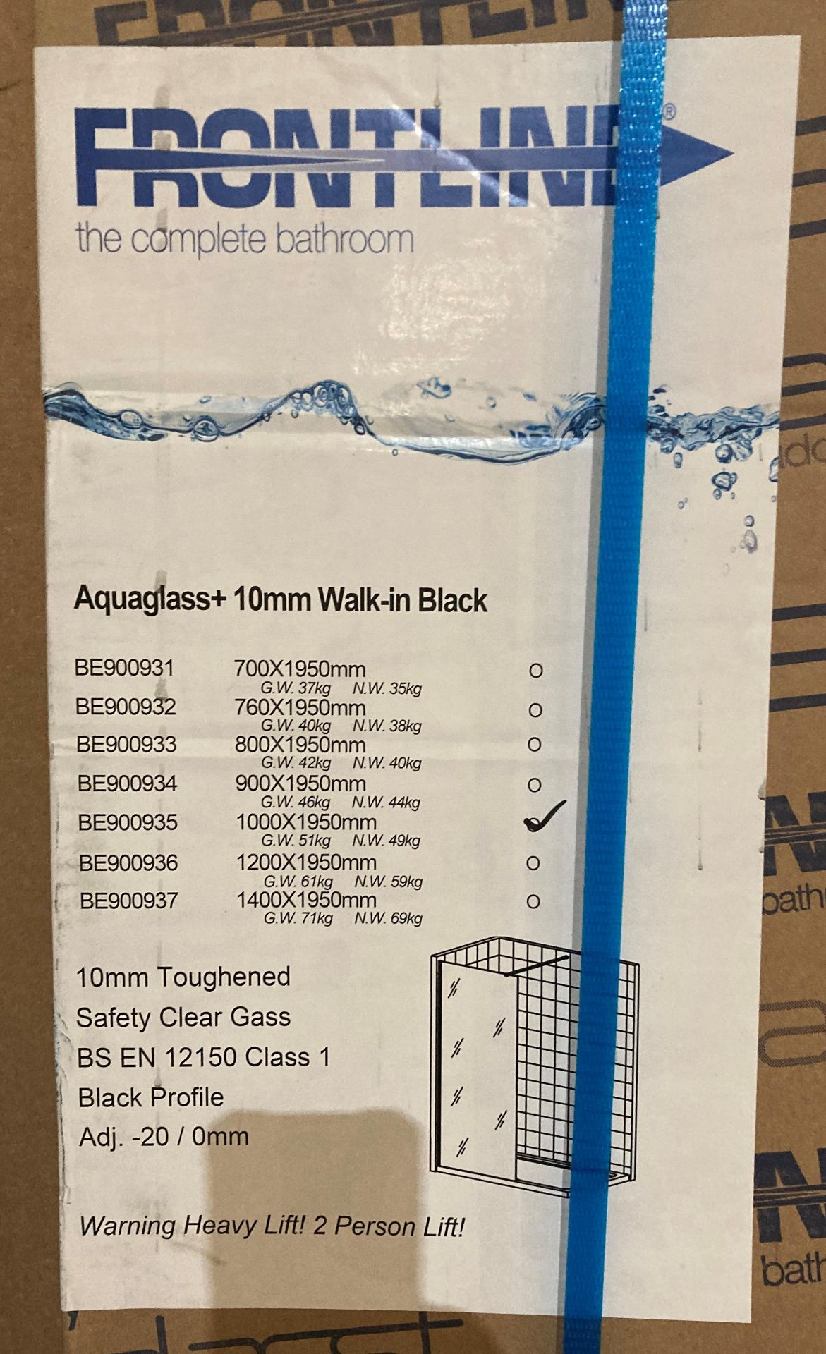 Aquaglass + 10mm shower screen panel walking black profile 1000mm x 1950mm (saleroom location: MA1) - Image 2 of 2