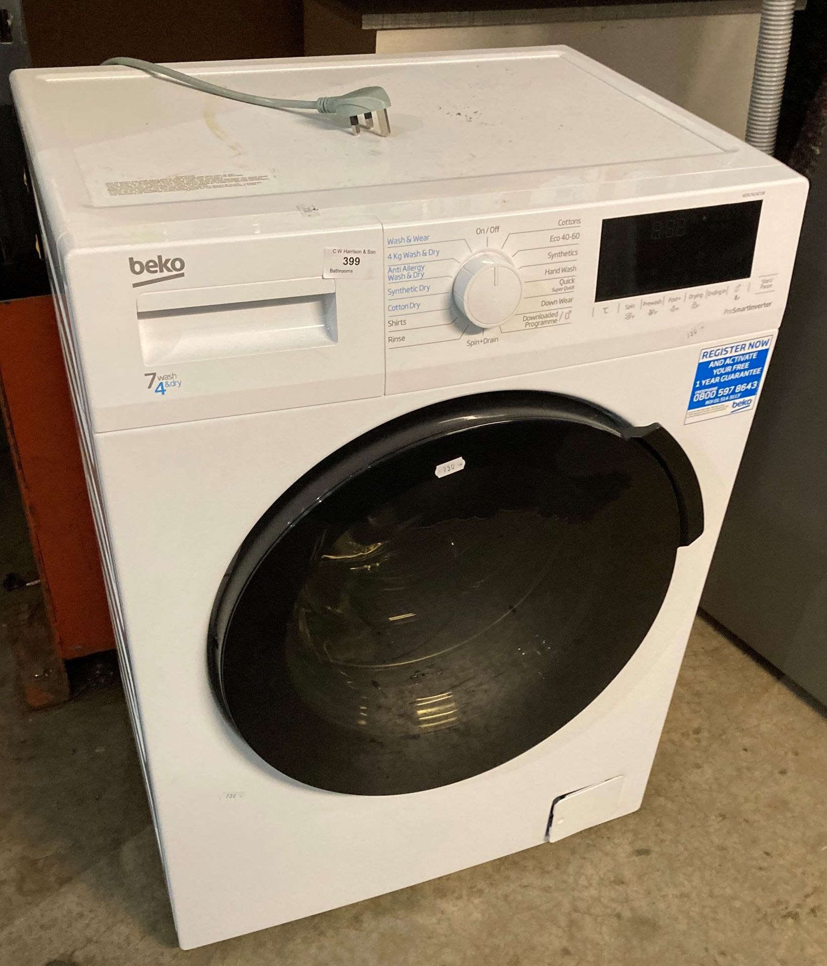 Beko Prosmartinverter automatic washing machine model WDK742421W (saleroom location: PO)