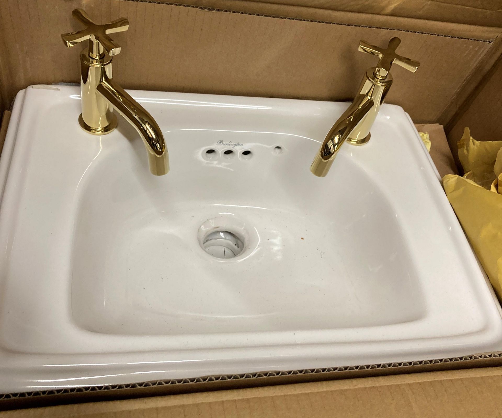 Burlington Edwardian cloakroom basin with brass effect taps and fittings 51cm (saleroom location: