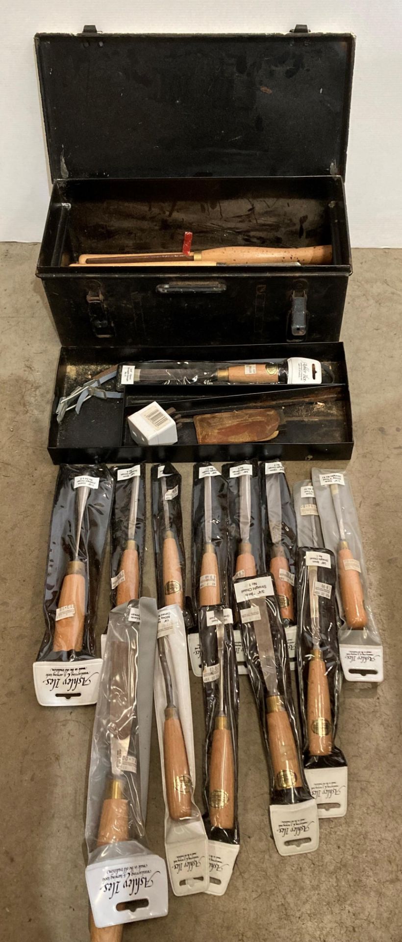 White and black metal tool box with 14 new wood turning chisels by Ashley Iles and 10 other wood