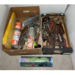 Contents to two boxes - assorted hand tools including G-clamps, grease gun, work light,