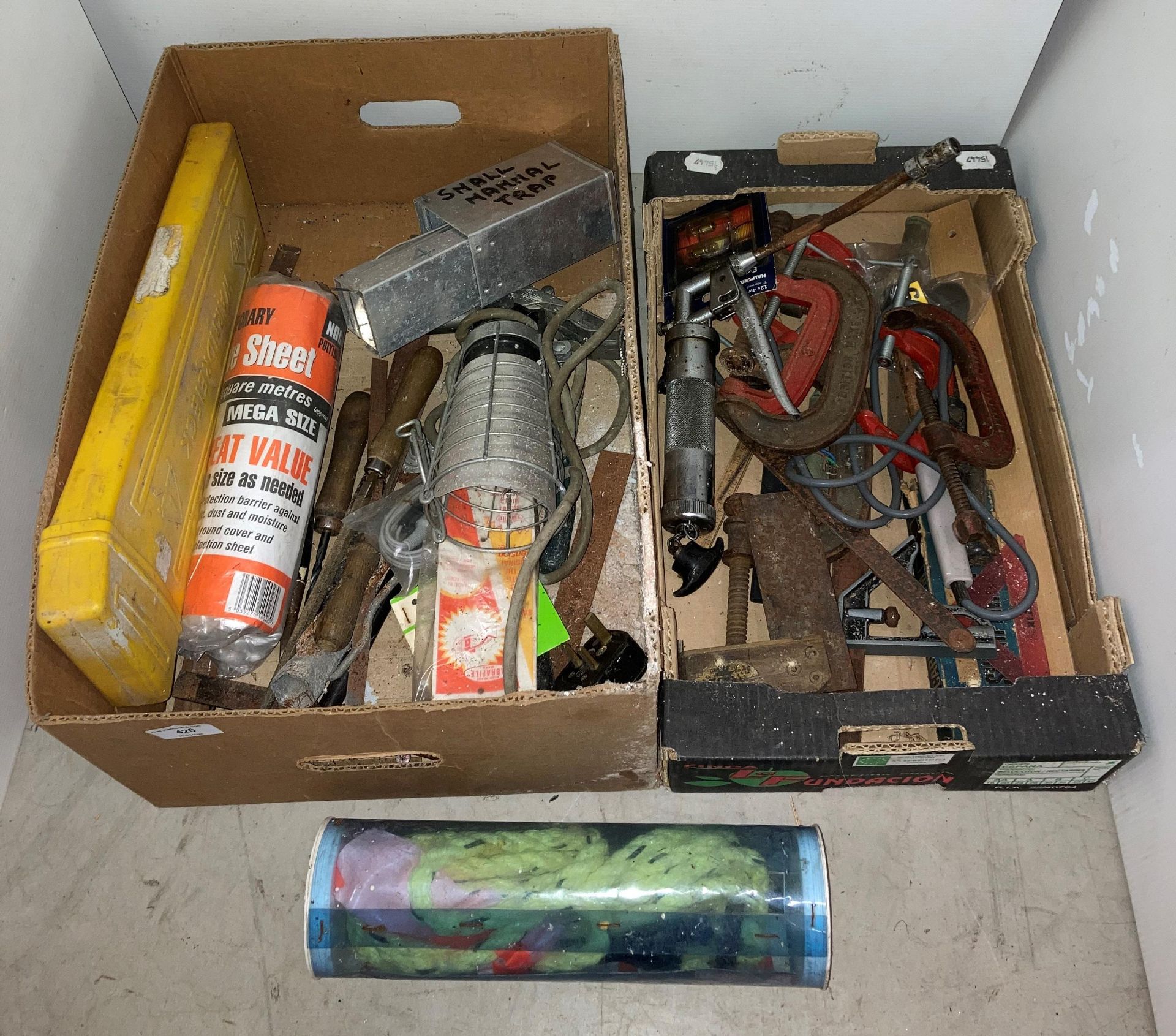 Contents to two boxes - assorted hand tools including G-clamps, grease gun, work light,