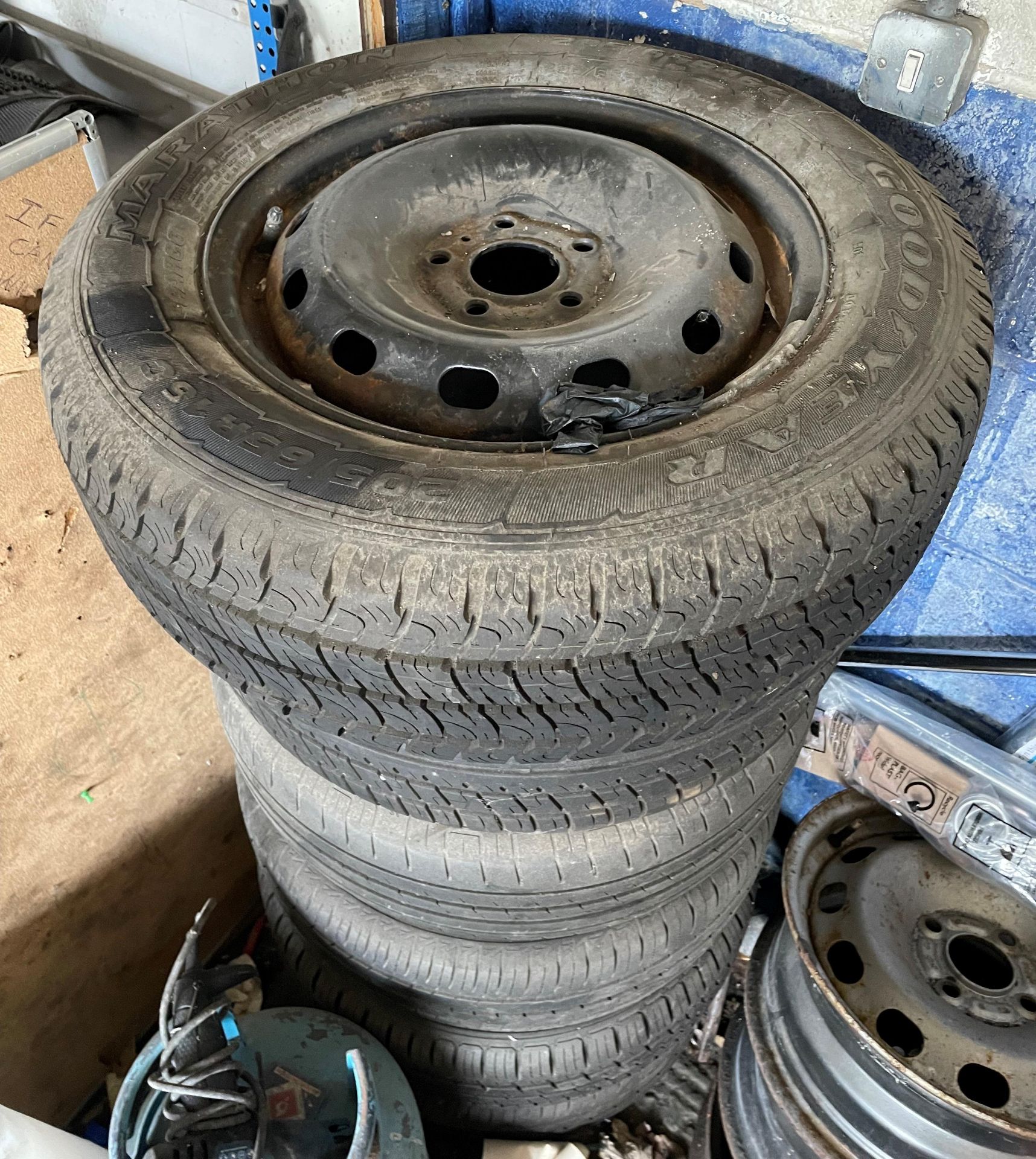 Nine assorted size steel wheels and tyres including 205/65 R16C, - Image 3 of 3