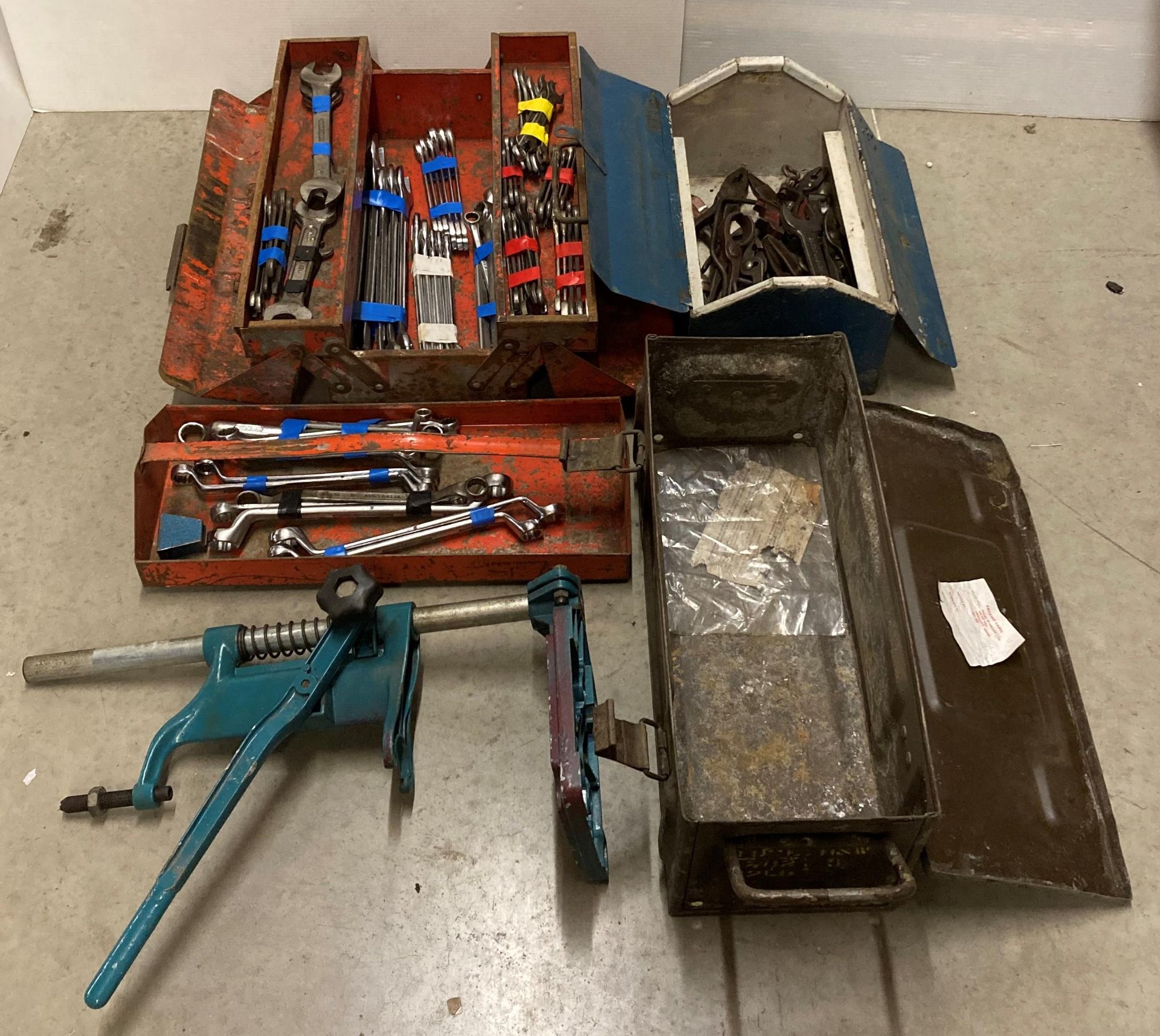 Vintage ammunition case and 2 x assorted metal boxes and contents - hand tools, spanners, wrenches,