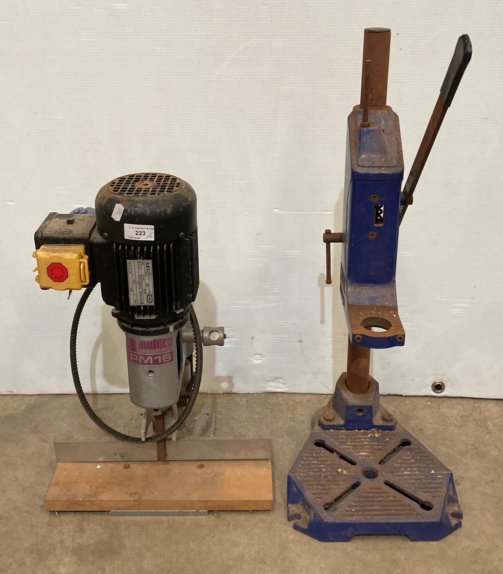 Multico PM16 bench top morticer machine (no power lead) and a Record power pillar drill attachment