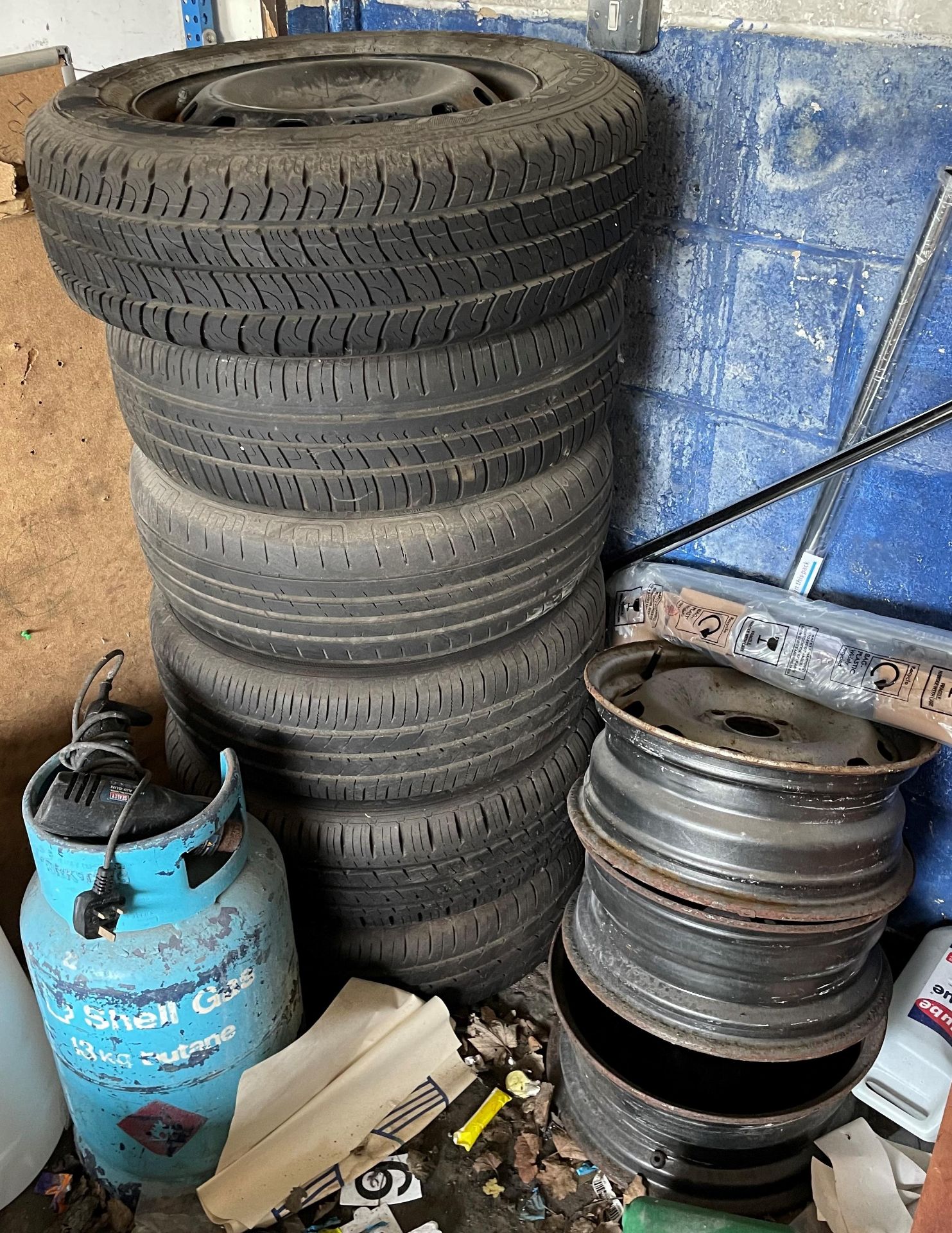 Nine assorted size steel wheels and tyres including 205/65 R16C,