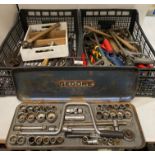 Contents to 2 x crates - assorted hand tools including wrenches, clamps, spanners, socket sets,