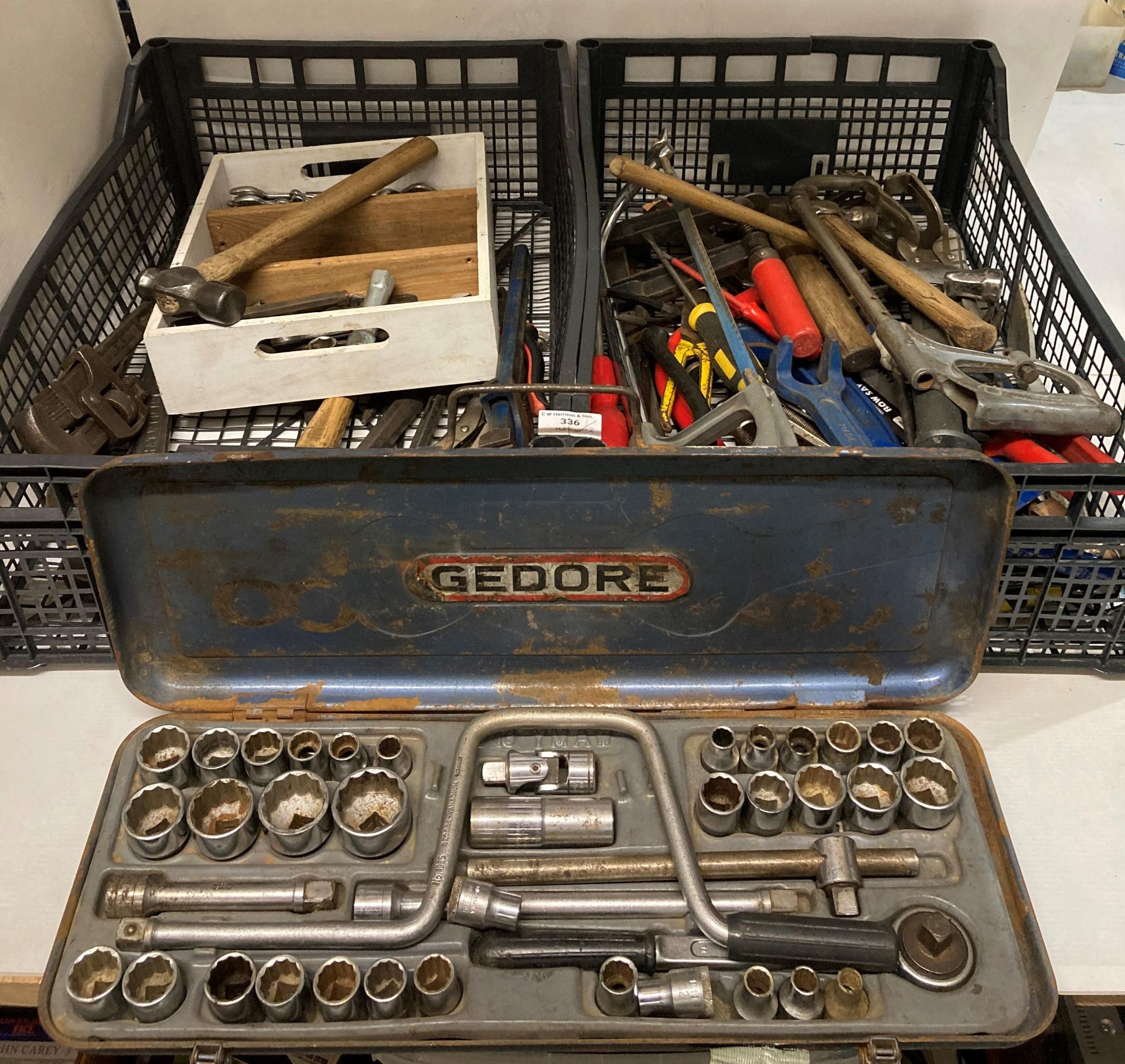 Contents to 2 x crates - assorted hand tools including wrenches, clamps, spanners, socket sets,