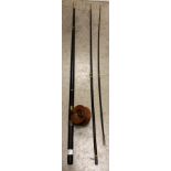 A vintage ebonised 3-piece fly fishing rod with vintage wooden reel (saleroom location: T05-1)
