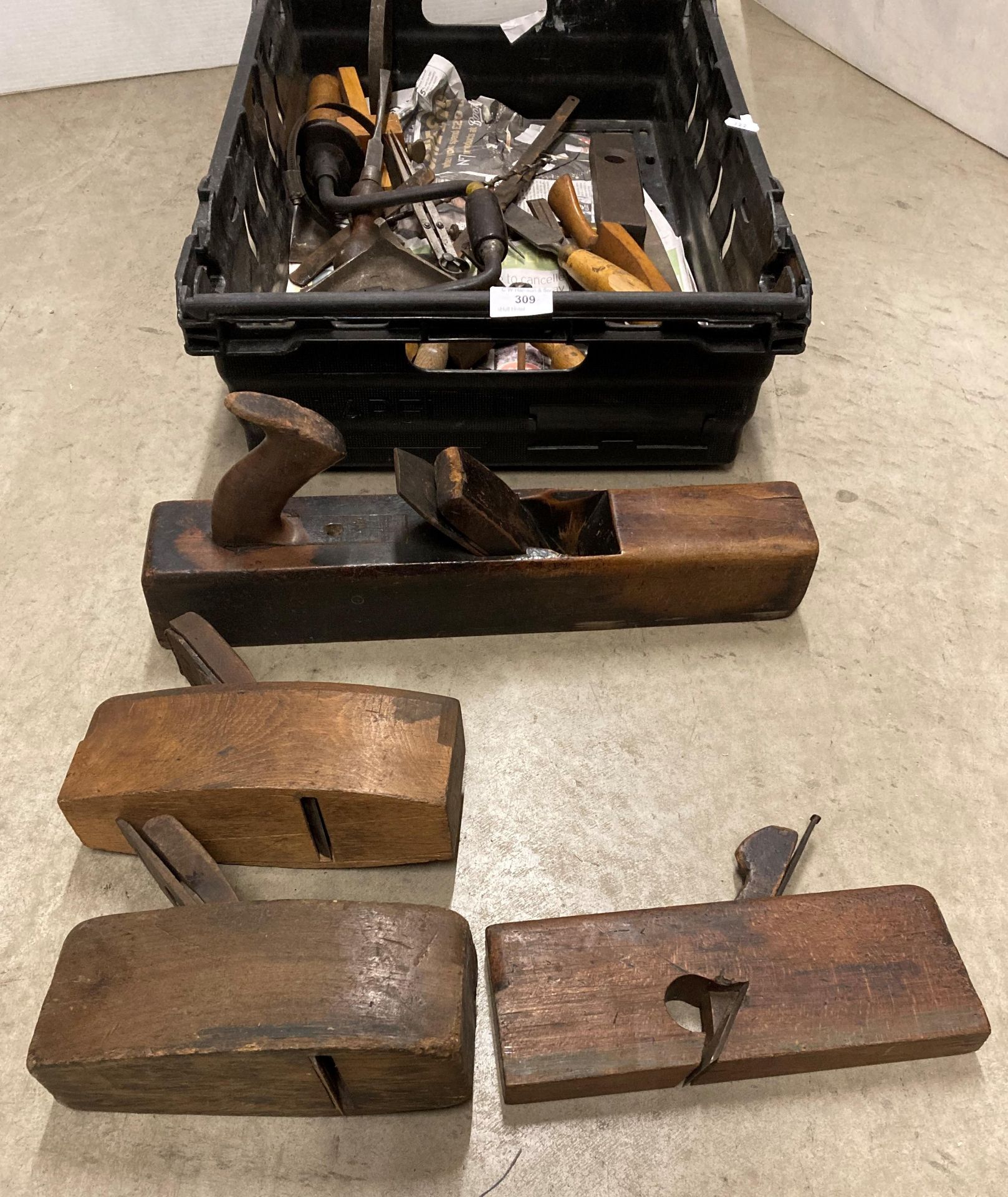 Contents to crate - assorted wood working tools including box planes, bit and brace, chisels, - Image 2 of 3