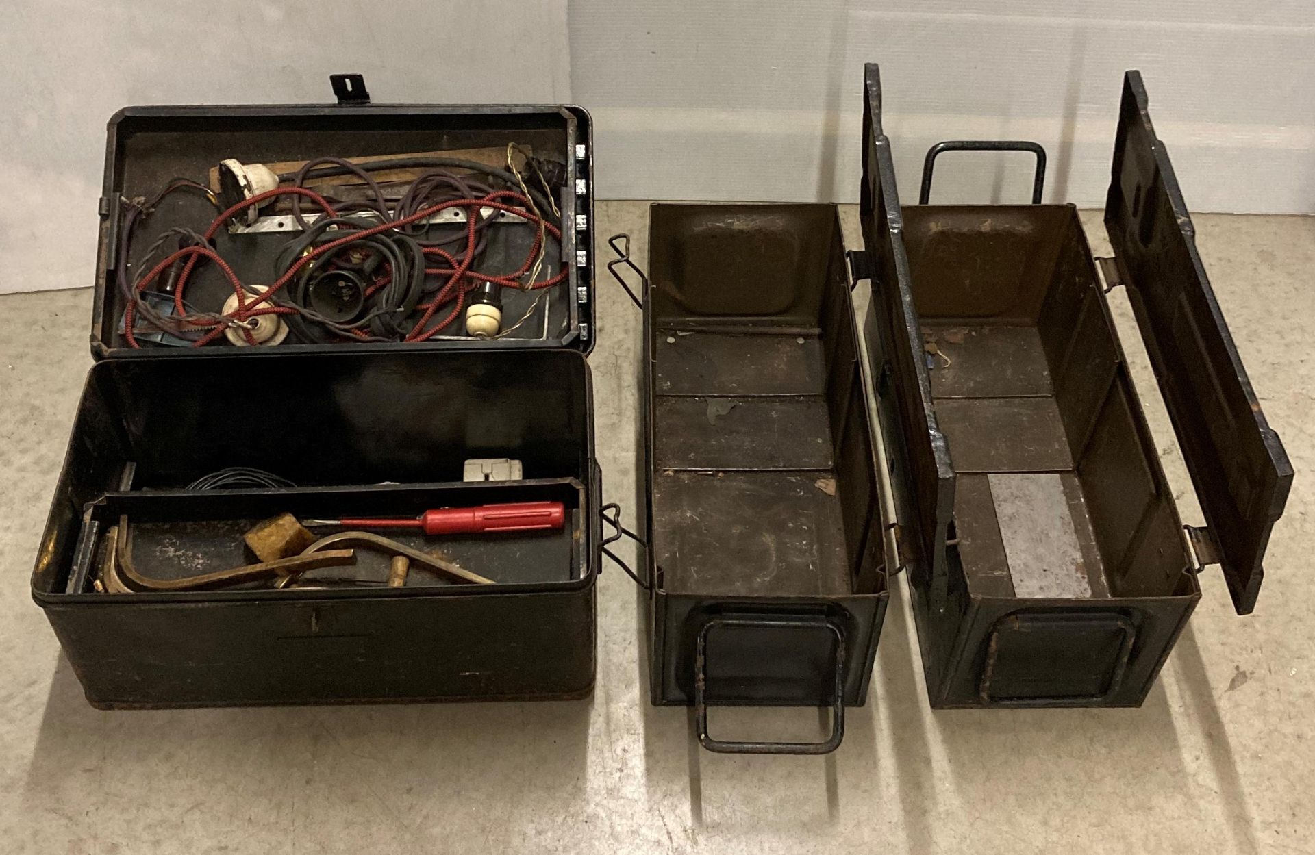 Pair of black metal 1945 military ammunition cases P59 MK2 MPB and a black metal military